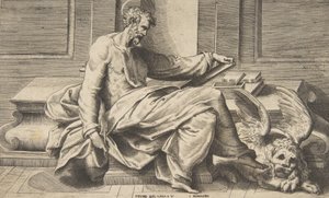 Saint Marc écrivant son Évangile, un lion ailé à droite - Giulio Bonasone