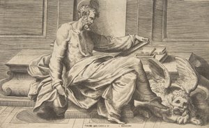 Saint Marc écrivant son évangile, lion ailé à droite - Giulio Bonasone
