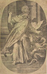 Saint Paul surmontant la vipère, dans un cadre architectural, une composition ovale - Giulio Bonasone