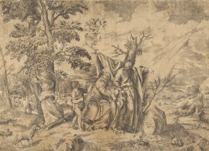 Le Repos pendant la fuite en Égypte, Joseph à droite, la Vierge tient l