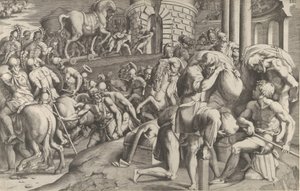 Les Troyens tirant le cheval de bois dans Troie, 1545 - Giulio Bonasone