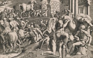 Les Troyens tirant le cheval de bois dans la ville, 1545 - Giulio Bonasone