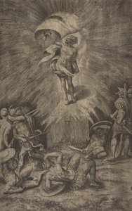 La résurrection du Christ, tenant une bannière dans sa main droite, des soldats entourant le t..., 1561 - Giulio Bonasone
