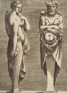 Deux termes, une nymphe à gauche Silvanus à droite, vers 1530-50 - Giulio Bonasone