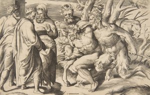 Deux satyres apportant Silène, le roi Midas debout à gauche, 1531-76