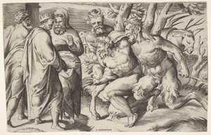 Deux satyres conduisant Silène au roi Midas, qui se tient à gauche avec deux assistants masculins - Giulio Bonasone