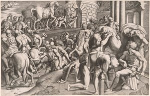 Les Troyens tirant le cheval de bois dans Troie - Giulio Bonasone, after Francesco Primaticcio
