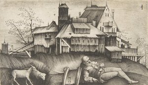 Le vieux berger allongé dans un paysage, bâtiments derrière, une chèvre et un mouton, vers 1500-1515 - Giulio Campagnola
