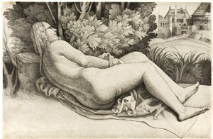 Femme allongée dans un paysage - Giulio Campagnola
