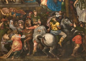 Mur en face de la contre-façade du transept sud, Triomphe de Mardochée (1567) (détail partie inférieure)