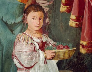 Nymphe Amaryllis couronnée gagnante du concours de baisers, fresque de Giulio Carpioni, inspirée par la pièce pastorale Le Berger Fidèle, de Giovanni Battista Guarini, Villa Caldogno (Liste du patrimoine mondial de l