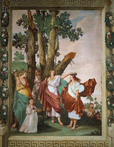 La nymphe Amaryllis couronnée gagnante du concours de baisers, fresque de Giulio Carpioni, inspirée par la pièce pastorale Le Berger fidèle, par Giovanni Battista Guarini (1538-1612), Villa Caldogno (Liste du patrimoine mondial de l