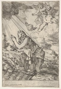 Madeleine pénitente agenouillée sur un sol rocheux devant un crâne et des os, une pommade..., vers 1640-55 - Giulio Carpioni