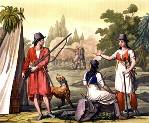 Boucanier et femmes flibustières : le pirate Jack Rackham dit le Rouge ou John Rackham, mieux connu sous le nom de Calico Jack (? -1720) représenté avec Anne Bonny (Bonney) et Mary (Marc) Read aux Antilles. Planche tirée de « Le costume ancien et moderne »