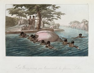Résidents de Zanzibar traversant la rivière Lebee à la nage - dans "Le costume ancien et moderne" par Ferrario, éd. Milan