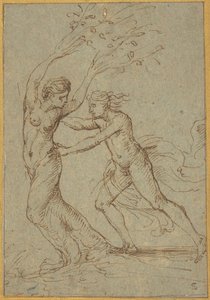 Apollon et Daphné (plume et encre brune sur papier vergé vert-bleu) - Giulio Romano