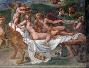 Cupidon et Psyché avec leur fille Voluptas (Plaisir) allongés sur un lit, détail du Festin de noces ou Banquet des dieux, fresque de Giulio Romano (1499-1546), Palazzo Te, Mantoue (Liste du patrimoine mondial de l