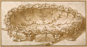Conception pour un bol à fruits ovale, avec des vrilles de vigne, des feuilles et des raisins
