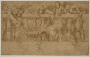 Quatre putti ailés décorant une balustrade avec des guirlandes - Giulio Romano