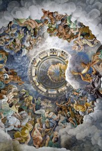 Vue générale du plafond de la salle des Géants, Mantoue (Palazzo del Te, Mantova) : les Dieux de l