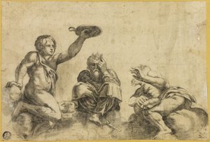 Le temps assis sur des nuages, flanqué de deux autres anges - Giulio Romano