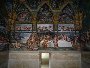 Festin de mariage ou Banquet des dieux, fresque de Giulio Romano, mur ouest de la Chambre de Cupidon et Psyché, Palazzo Te, Mantoue (Liste du patrimoine mondial de l