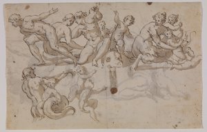 Hippocampes, tritons et putti chevauchant des dauphins - Giuseppe Alabardi