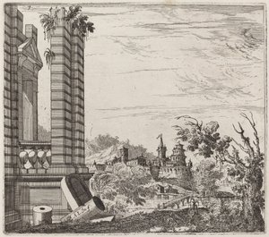 Paysage fluvial fantastique avec ruines et château