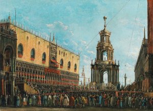 Le festival de Giovedì Grasso devant le Palais des Doges à Venise, années 1830