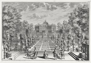 Décor pour une opéra dans un jardin, de Architectus Theatralis Primarius, gravé par Johann Andreas Pfeffel, publié en 1740 - Giuseppe Bibiena