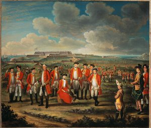 Lady Louisa Lennox avec le régiment de son mari, 25e régiment de pied, avec Lord George Lennox à ses côtés, et Fort St Philip, Port Mahon, en arrière-plan, vers 1771