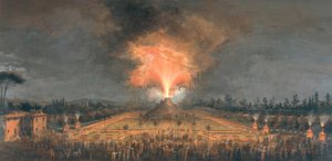 Fête nocturne avec volcan en éruption aux Cascine de Florence en l