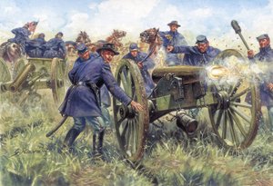 Guerre civile américaine : Soldats du Nord (Union) utilisant un fusil pendant une bataille - Illustration de Giuseppe Rava - Giuseppe Rava