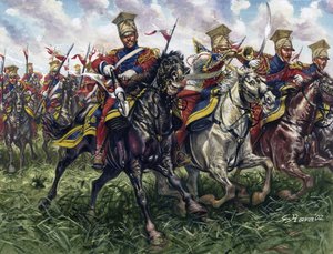 Premier Empire : les lanciers rouges ou régiment de lanciers de la Garde Impériale pendant la bataille de Waterloo le 18/06/1815
