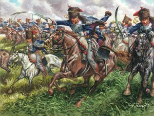 Premier Empire : la charge du 15e régiment de dragons anglais à la bataille de Waterloo le 18/06/1815 - Illustration de Giuseppe Rava