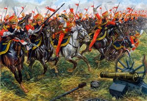 Premier Empire : 2e régiment de lanciers de la Garde Impériale de Napoléon Ier à la bataille de Waterloo 18/06/1815 - Illustration - Giuseppe Rava