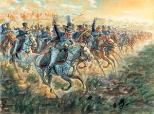 Premier Empire : la charge des hussards prussiens vers 1810 - Illustration de Giuseppe Rava