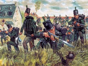 Guerre napoléonienne : les fusiliers britanniques du 95e régiment défendent une carrière de sable à la bataille de Waterloo le 18 juin 1815 (illustration de Giuseppe Rava)