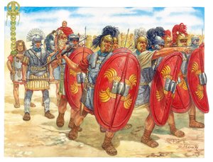 Antiquité romaine (République) : un groupe de légionnaires romains - Illustration de Giuseppe Rava