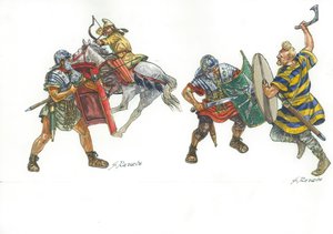 Légionnaires romains combattant un archer monté parthe et un guerrier franc