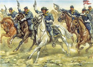 Guerre de Sécession (1861-1865) : soldats de la cavalerie nordiste (Union) pendant une bataille - Guerre civile américaine : soldats de la cavalerie du Nord (Union) pendant une bataille - Illustration de Giuseppe Rava - Giuseppe Rava