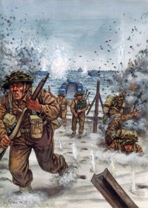 Seconde Guerre mondiale : soldats écossais lors du débarquement en Normandie le 6/06/1944 - Illustration de Giuseppe Rava