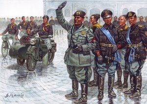 Le Duce Benito Mussolini (1883-1945), accompagné de ses Chemises noires (Camicie nere), faisant le salut fasciste lors d