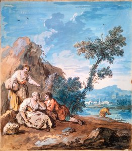 Trois paysans se reposant sur une rive, vers 1750