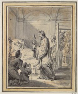 Homme sur son lit de mort avec prêtre et autres - Godfried Maes