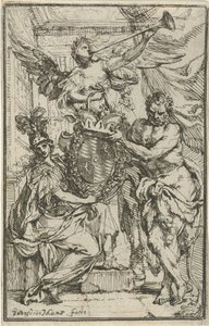 Minerve, Hercule et Renommée avec un blason