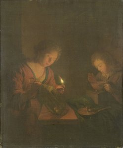 Feu et lumière (Une fille place une bougie dans une lanterne et un garçon souffle sur les braises dans un brasero) - Godfried Schalcken (attributed to)