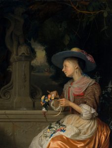 Femme tressant une couronne de fleurs, vers 1675-1680