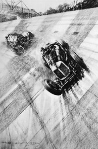 Whitney Straight Maserati au virage du Members Bridge, Brooklands, 1933, 1937 - Gordon Crosby
