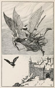 Le compagnon de voyage volait derrière elle, des Contes de fées de Hans Anderson, pub 1919 - Gordon Frederick Browne